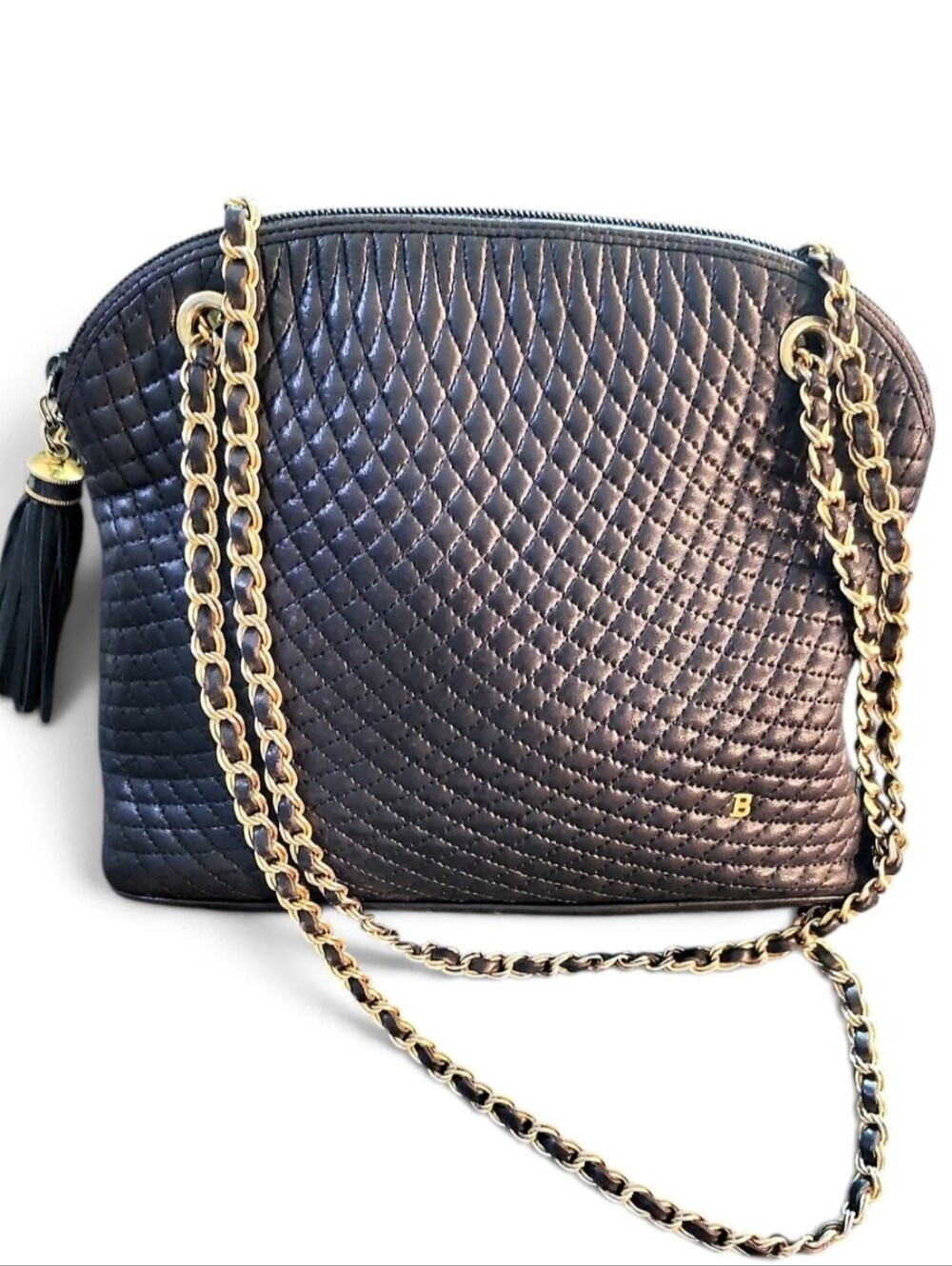 Bally Leather Quilted Black Chain W/Leather-Handle Shoulder/Crossbody Bag